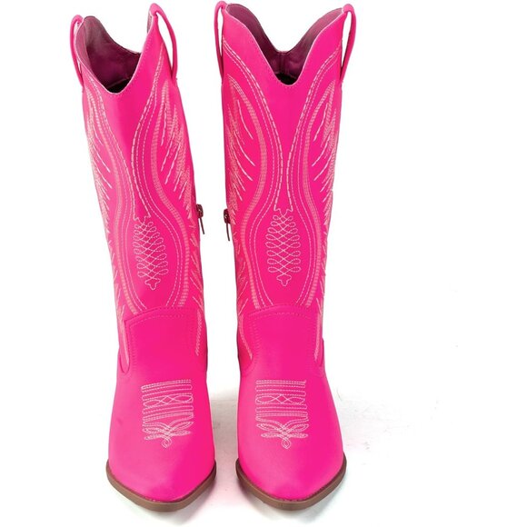 Womens Pink Western Cowboy Boots Embroidered Ankle Booties Block Heel Zips - Picture 6 of 6